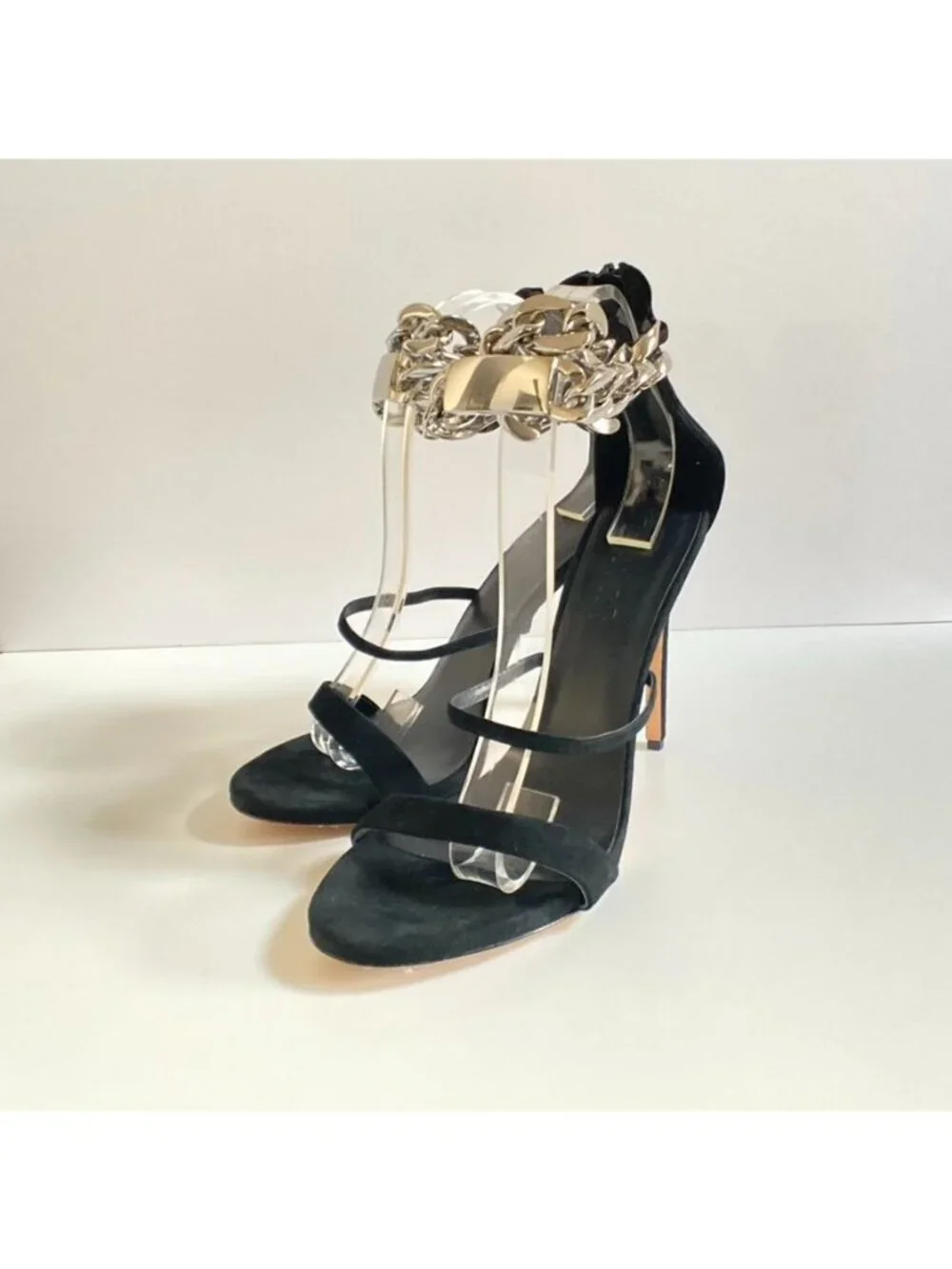 AMINAH ABDUL JILLIL Black Suede Ankle Strap Heels With Silver Chain size 11 - Picture 6 of 10